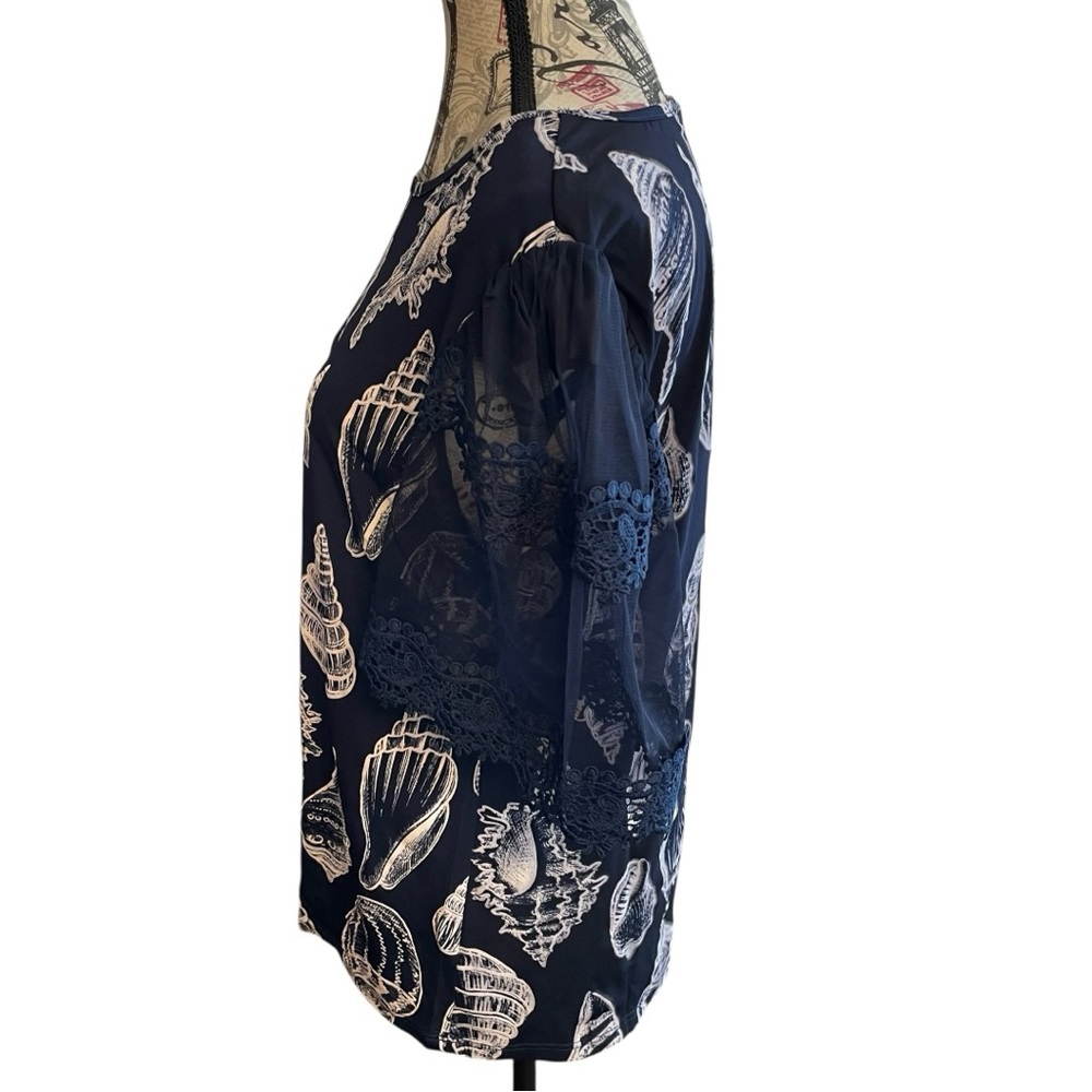 Chic Navy Shell Print Blouse with Lace Sleeves - Picture 3 of 5